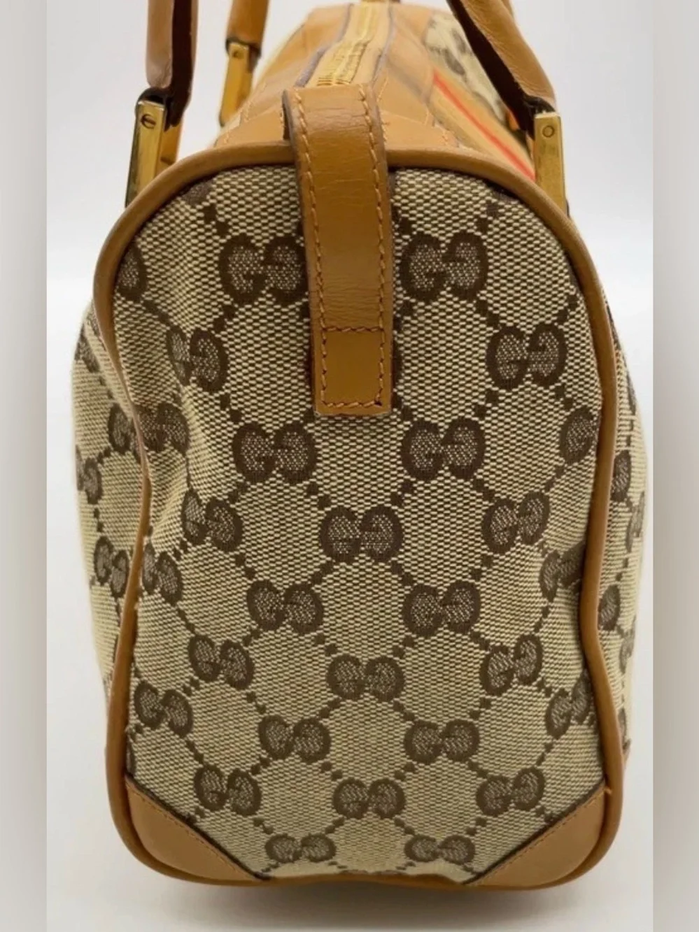 Gucci Brown MINI BOSTON BAG Monogram Satchel Sherry line Stripe perfect size!